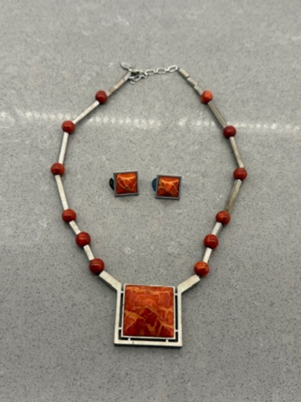 Women's Authentic Red Coral Sterling Silver .925 Statement Necklace & Earrings